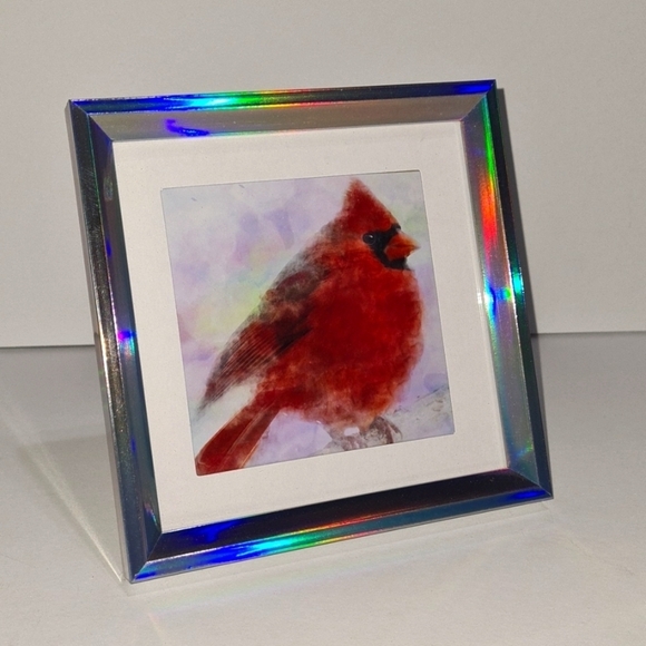 Chubby Northern Red Cardinal‎ Bird Watercolor Iridescent Framed Art Print - Picture 6 of 6
